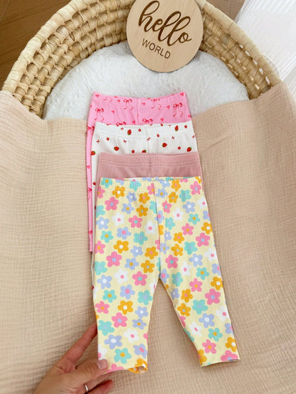 4pcs/Set Newborn Baby Girls' Casual Everyday All-Match Colorful Floral & Striped Print Bottoms, Spring/Summer