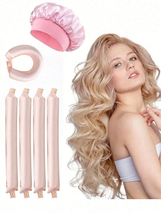 4pcs Soft Pink No-Heat Curling Rods, Slouchy Hair Curler, Silk Hair Rollers, Elastic Headband, Long Hair Soft Curling Tools, Manual Styling Accessories, Sleep Curling Device, Suitable For Women On Val