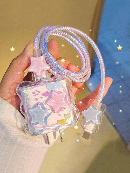 4pcs Star-Shape Colorful Charger Head Protector, 1m Data Cable Anti-Bending Winder, Compatible With IPhone 12/13/14 And 20W Fast Charger, Data Cable Fixer, Anti-Break Cable, TPU Charger Head Protector