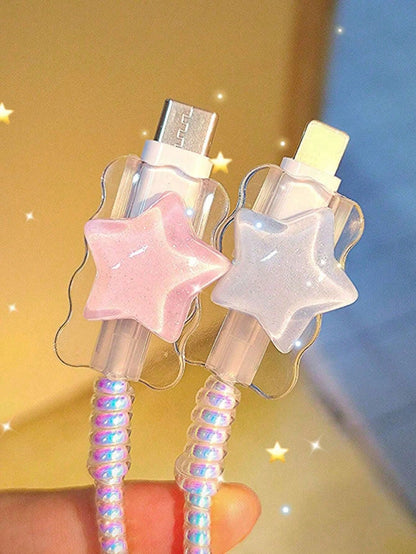 4pcs Star-Shape Colorful Charger Head Protector, 1m Data Cable Anti-Bending Winder, Compatible With IPhone 12/13/14 And 20W Fast Charger, Data Cable Fixer, Anti-Break Cable, TPU Charger Head Protector