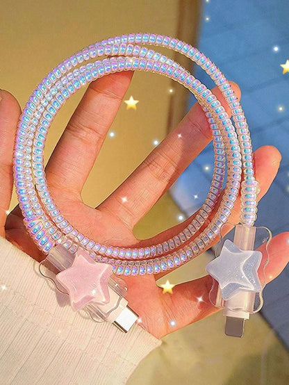 4pcs Star-Shape Colorful Charger Head Protector, 1m Data Cable Anti-Bending Winder, Compatible With IPhone 12/13/14 And 20W Fast Charger, Data Cable Fixer, Anti-Break Cable, TPU Charger Head Protector