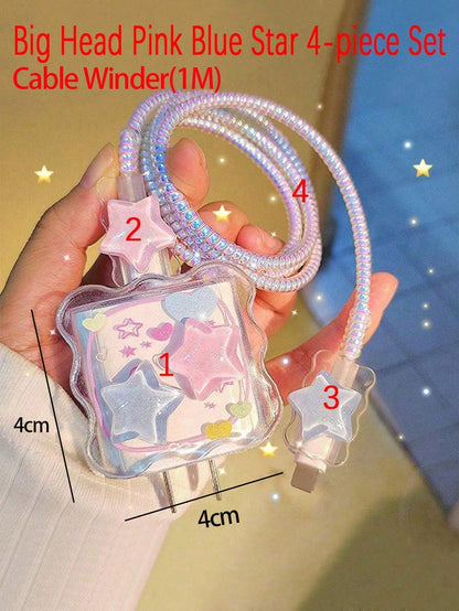 4pcs Star-Shape Colorful Charger Head Protector, 1m Data Cable Anti-Bending Winder, Compatible With IPhone 12/13/14 And 20W Fast Charger, Data Cable Fixer, Anti-Break Cable, TPU Charger Head Protector