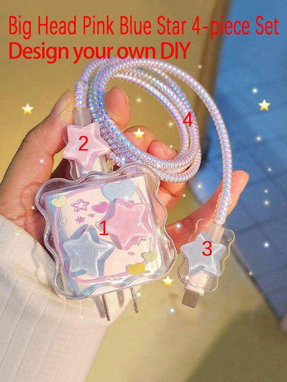 4pcs Star-Shape Colorful Charger Head Protector, 1m Data Cable Anti-Bending Winder, Compatible With IPhone 12/13/14 And 20W Fast Charger, Data Cable Fixer, Anti-Break Cable, TPU Charger Head Protector