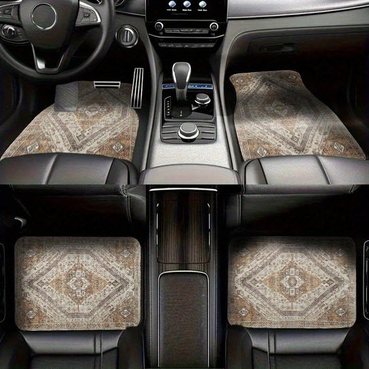 4pcs Vintage Brown Diamond-Patterned Floor Mats, European Moroccan Bohemian Style, Unique Footprint Design, Universal Protection For Front And Rear Seats, Durable All-Season Car Interior Carpet