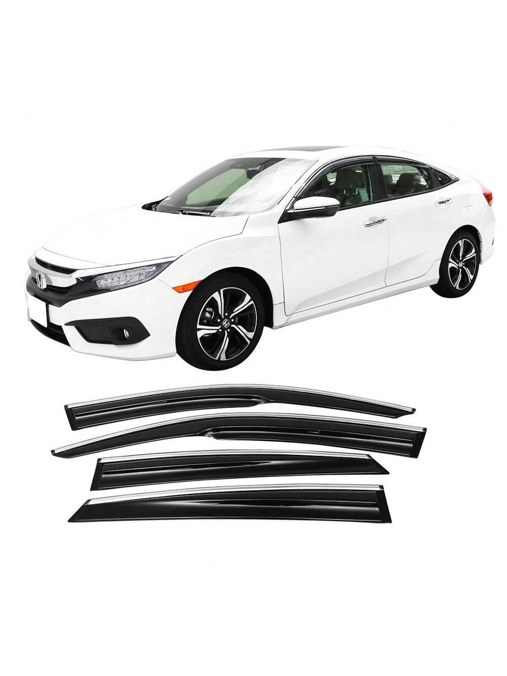 4PCS Window Visors Compatible With Honda Civic 2016–2021, Smoke Tinted Tape-On Sun Rain Guards Car Stuff