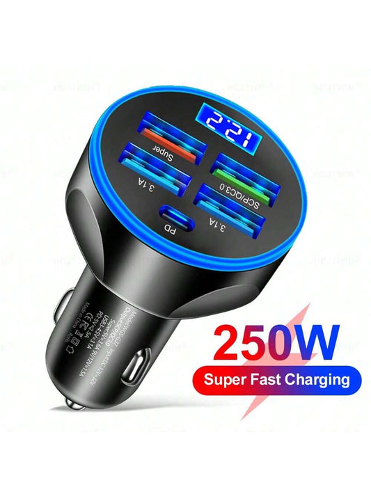 5-In-1 4USB+Type-C PD Fast Car Charger, Supports Super Fast Charging