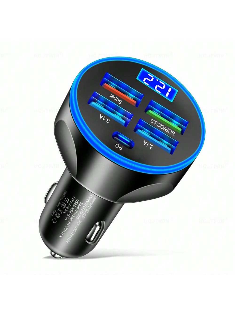 5-In-1 4USB+Type-C PD Fast Car Charger, Supports Super Fast Charging
