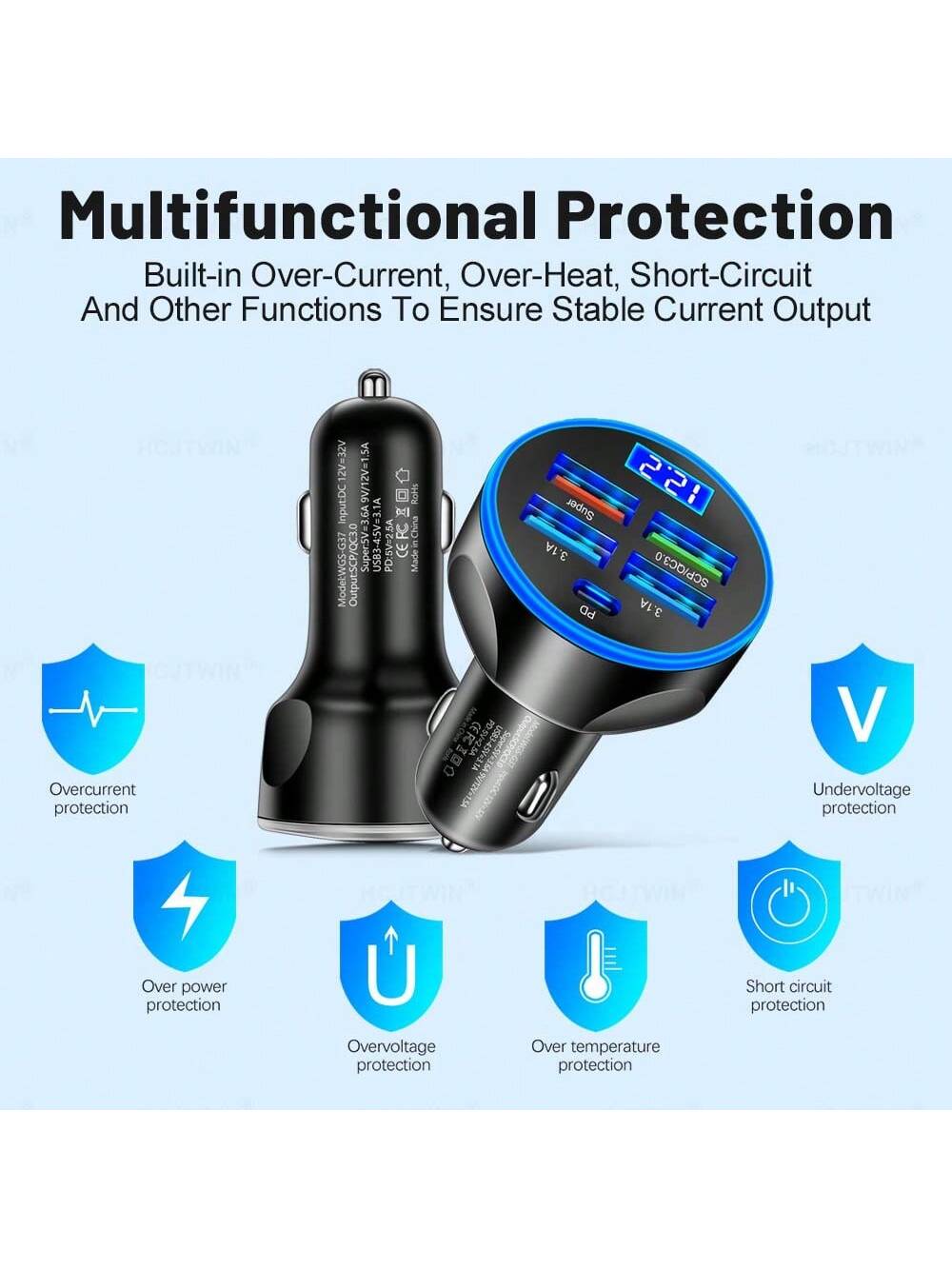 5-In-1 4USB+Type-C PD Fast Car Charger, Supports Super Fast Charging