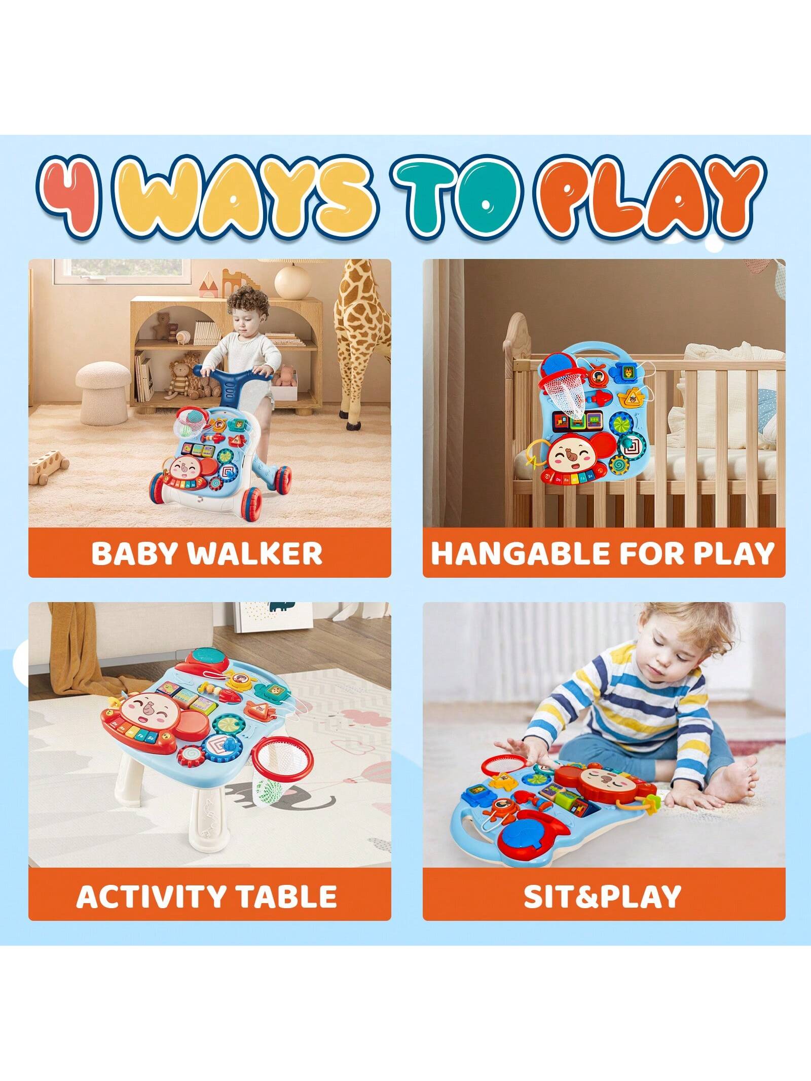 5-In-1 Baby Walker Sit-To-Stand Early Learning Walker For Toddlers, 1+ Years Baby Balance Bike/Push Walker/Activity Table/Detachable Panel With Music
