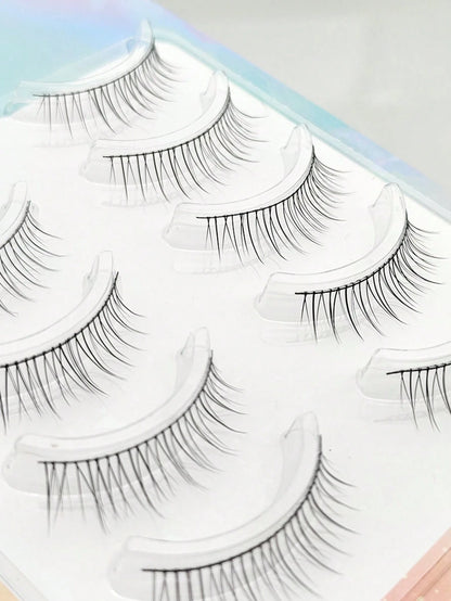 5 Pairs Natural-Looking Reusable False Eyelashes With Black Stem For Beginners, Lengthening Effect For Nude Makeup