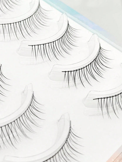 5 Pairs Natural-Looking Reusable False Eyelashes With Black Stem For Beginners, Lengthening Effect For Nude Makeup