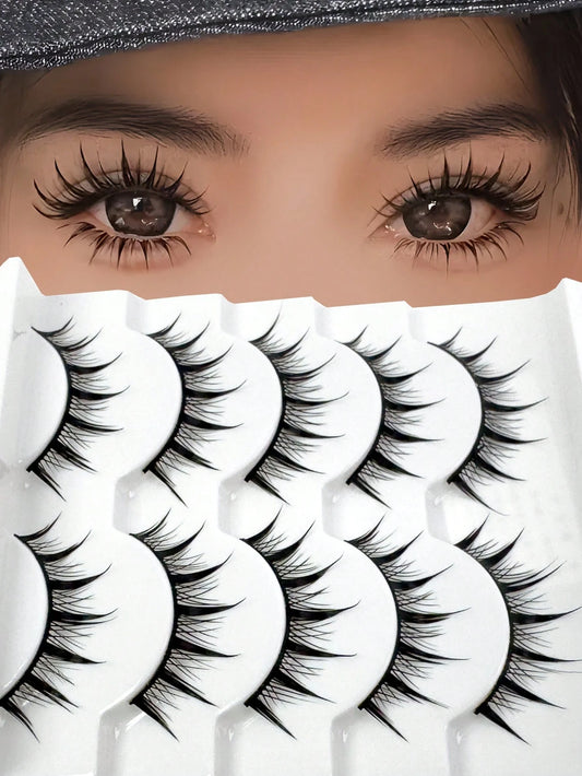 5 Pairs Pointed Tip Cartoon Style False Eyelashes, 12mm Black Stems, Japanese Anime Inspired Lashes, Demon Style & Natural Look Eyelashes Strip Lashes,Lashes,Eyelashes,Fake Lashes