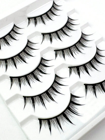 5 Pairs Pointed Tip Cartoon Style False Eyelashes, 12mm Black Stems, Japanese Anime Inspired Lashes, Demon Style & Natural Look Eyelashes Strip Lashes,Lashes,Eyelashes,Fake Lashes