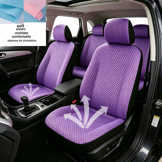 5-Piece 9-Item Full Car Seat Cover Set, Summer Special Honeycomb Mesh Sandwich Fabric, Breathable, Soft, Comfortable, Elastic, Pink Women's Car Interior Decor Accessories, Men's Full Set Car Essential