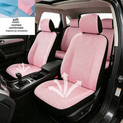5-Piece 9-Item Full Car Seat Cover Set, Summer Special Honeycomb Mesh Sandwich Fabric, Breathable, Soft, Comfortable, Elastic, Pink Women's Car Interior Decor Accessories, Men's Full Set Car Essential