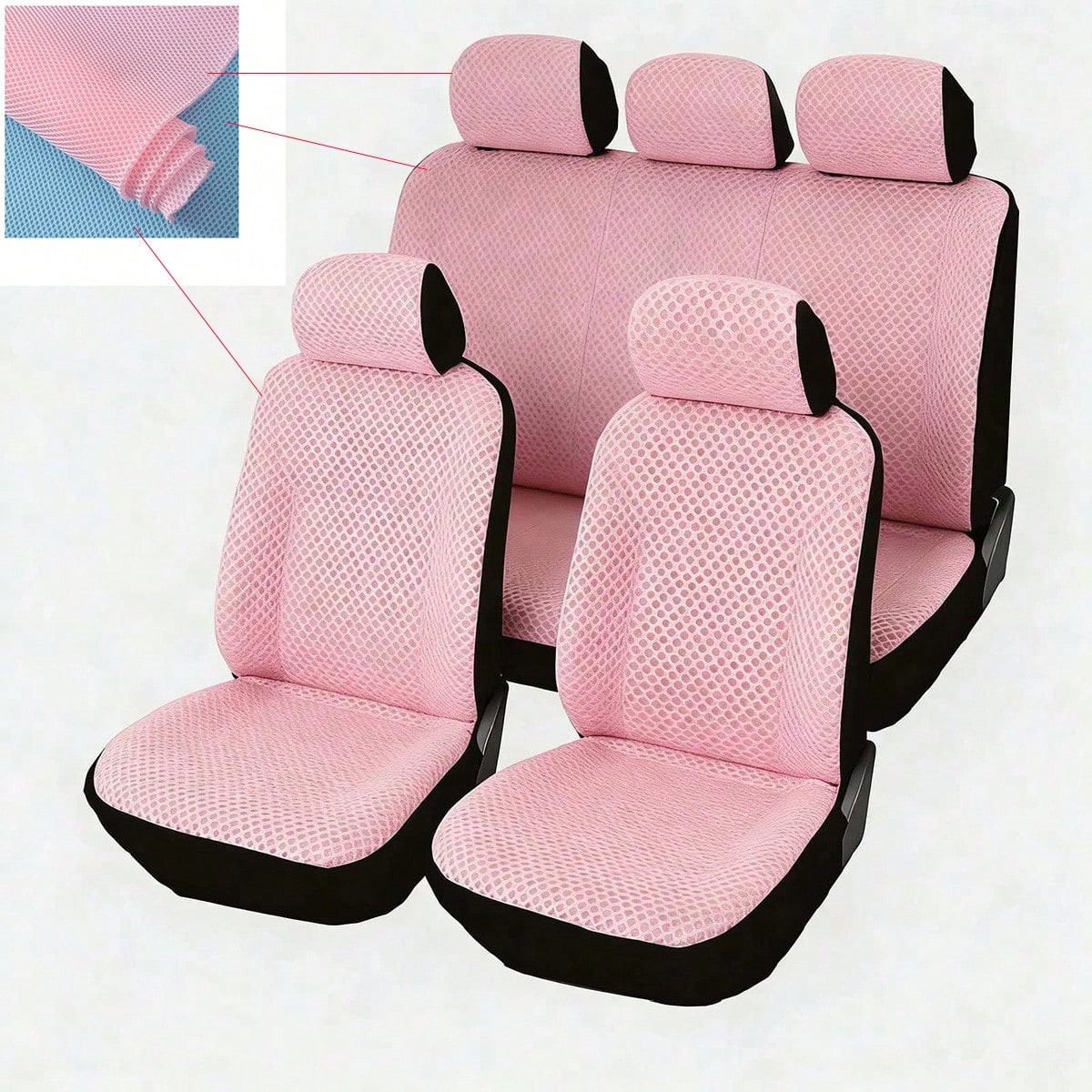5-Piece 9-Item Full Car Seat Cover Set, Summer Special Honeycomb Mesh Sandwich Fabric, Breathable, Soft, Comfortable, Elastic, Pink Women's Car Interior Decor Accessories, Men's Full Set Car Essential