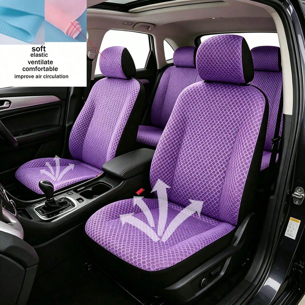 5-Piece 9-Item Full Car Seat Cover Set, Summer Special Honeycomb Mesh Sandwich Fabric, Breathable, Soft, Comfortable, Elastic, Pink Women's Car Interior Decor Accessories, Men's Full Set Car Essential