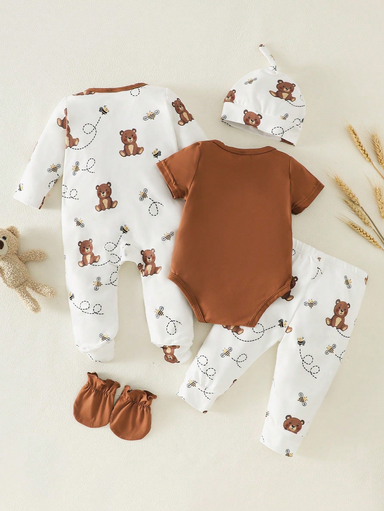 5-Piece Baby Girls Boys Clothes Set Newborn Bear Outfit Footed Romper Pants Cap&Mittens Brown And White Polka Dot Autumn Cute Holiday Gift Breathable