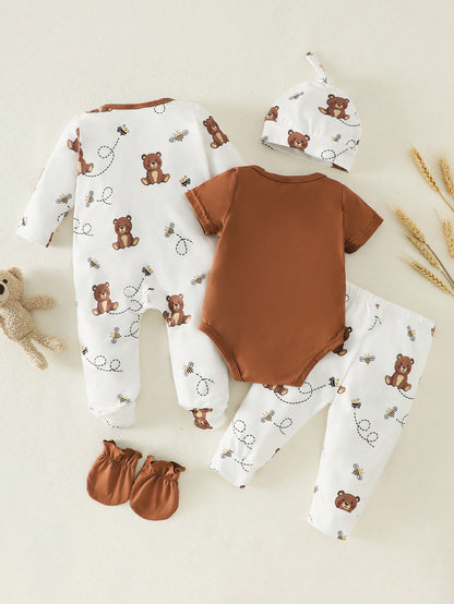 5-Piece Baby Girls Boys Clothes Set Newborn Bear Outfit Footed Romper Pants Cap&Mittens Brown And White Polka Dot Autumn Cute Holiday Gift Breathable