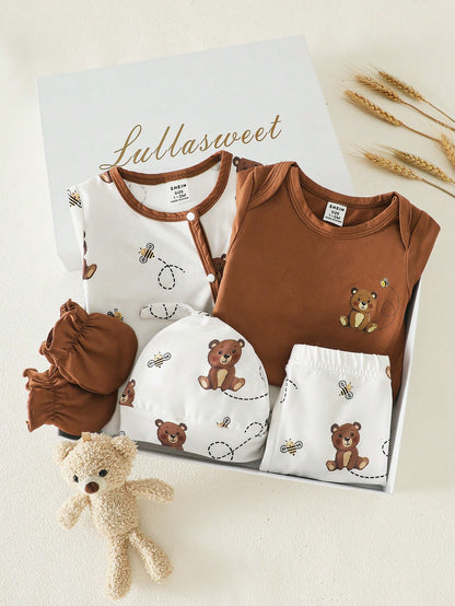 5-Piece Baby Girls Boys Clothes Set Newborn Bear Outfit Footed Romper Pants Cap&Mittens Brown And White Polka Dot Autumn Cute Holiday Gift Breathable