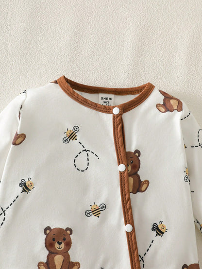 5-Piece Baby Girls Boys Clothes Set Newborn Bear Outfit Footed Romper Pants Cap&Mittens Brown And White Polka Dot Autumn Cute Holiday Gift Breathable