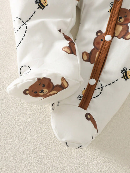 5-Piece Baby Girls Boys Clothes Set Newborn Bear Outfit Footed Romper Pants Cap&Mittens Brown And White Polka Dot Autumn Cute Holiday Gift Breathable