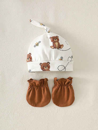 5-Piece Baby Girls Boys Clothes Set Newborn Bear Outfit Footed Romper Pants Cap&Mittens Brown And White Polka Dot Autumn Cute Holiday Gift Breathable