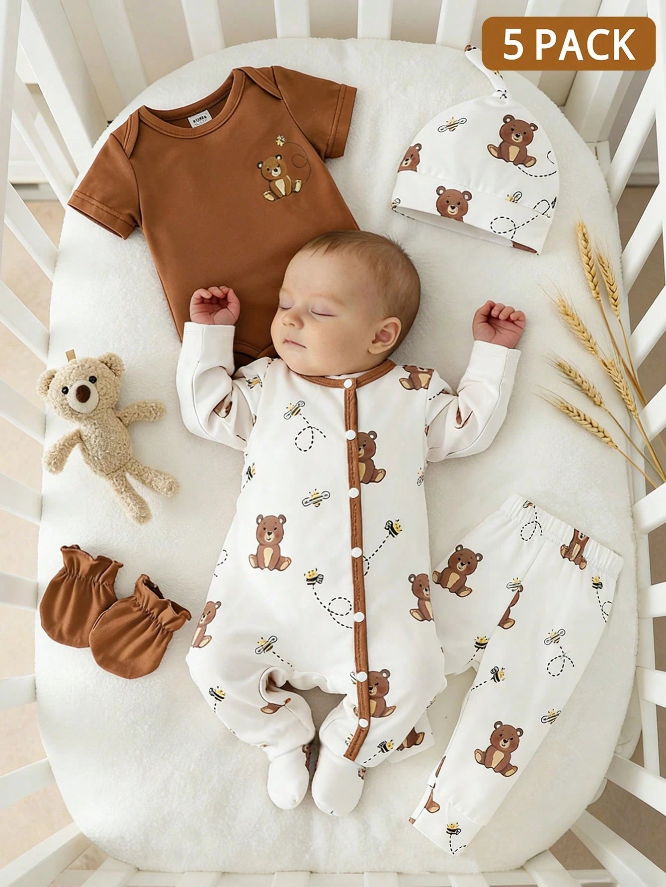 5-Piece Baby Girls Boys Clothes Set Newborn Bear Outfit Footed Romper Pants Cap&Mittens Brown And White Polka Dot Autumn Cute Holiday Gift Breathable