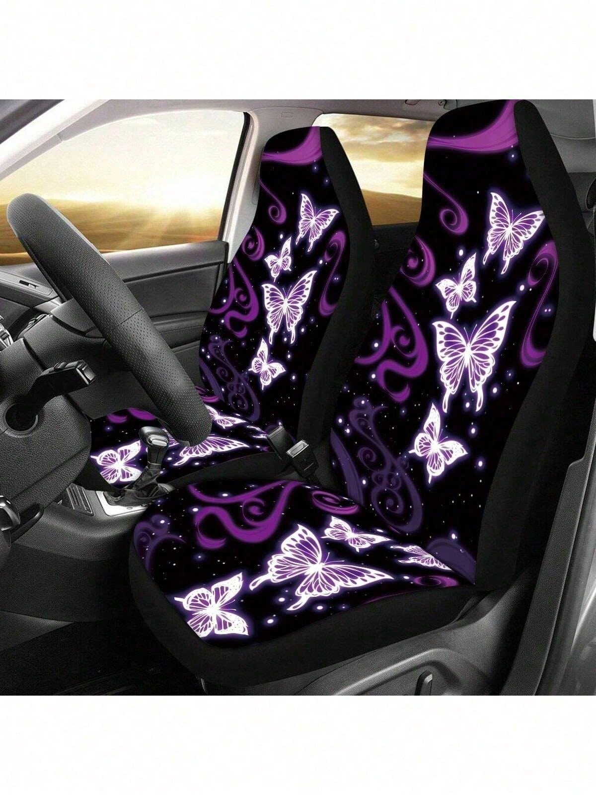 5-Piece Blue & Purple Butterfly Print Car Seat Covers, Full Set All-Season Universal Car Seat Covers, Car Interior Accessories, Women & Men Car Seat Covers, Essential Car Accessories, Dust-Proof & Sta