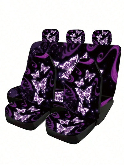 5-Piece Blue & Purple Butterfly Print Car Seat Covers, Full Set All-Season Universal Car Seat Covers, Car Interior Accessories, Women & Men Car Seat Covers, Essential Car Accessories, Dust-Proof & Sta