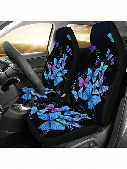 5-Piece Blue & Purple Butterfly Print Car Seat Covers, Full Set All-Season Universal Car Seat Covers, Car Interior Accessories, Women & Men Car Seat Covers, Essential Car Accessories, Dust-Proof & Sta