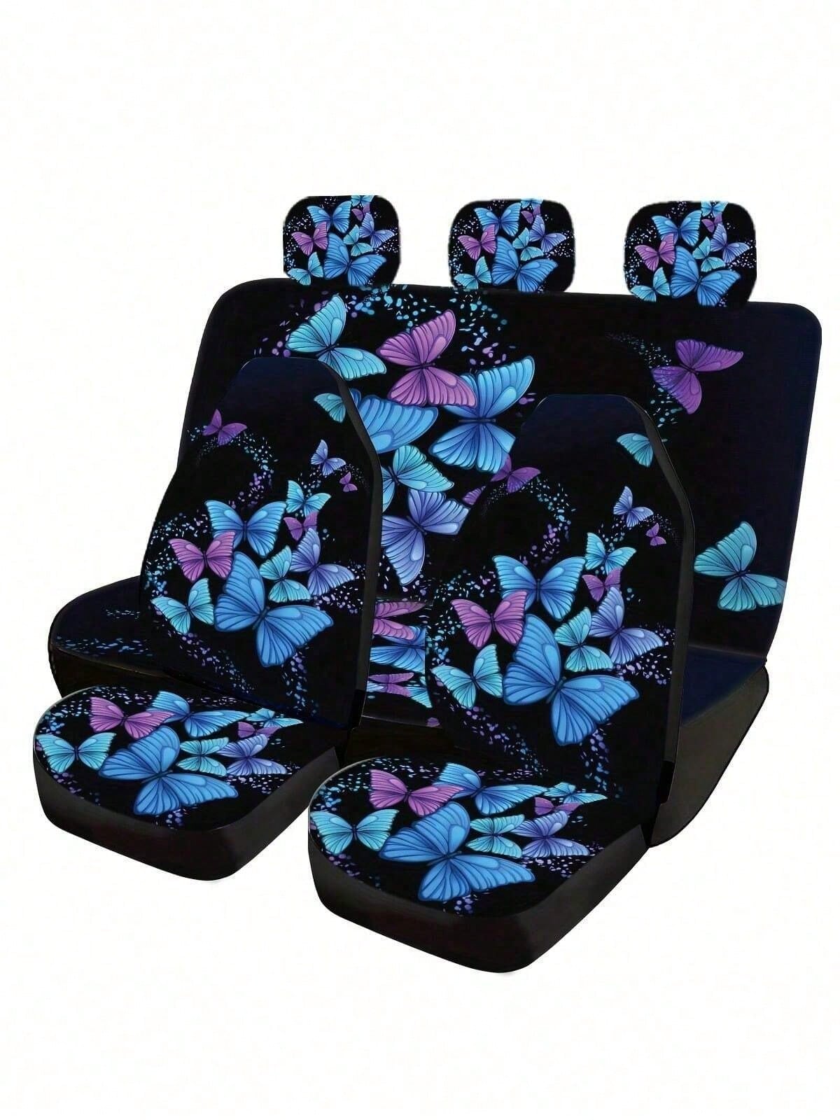 5-Piece Blue & Purple Butterfly Print Car Seat Covers, Full Set All-Season Universal Car Seat Covers, Car Interior Accessories, Women & Men Car Seat Covers, Essential Car Accessories, Dust-Proof & Sta