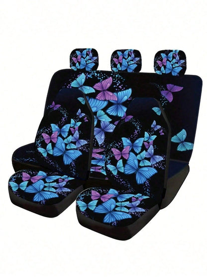 5-Piece Blue & Purple Butterfly Print Car Seat Covers, Full Set All-Season Universal Car Seat Covers, Car Interior Accessories, Women & Men Car Seat Covers, Essential Car Accessories, Dust-Proof & Sta
