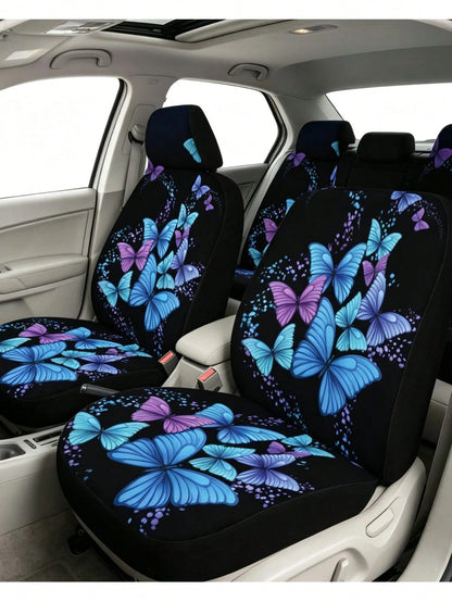 5-Piece Blue & Purple Butterfly Print Car Seat Covers, Full Set All-Season Universal Car Seat Covers, Car Interior Accessories, Women & Men Car Seat Covers, Essential Car Accessories, Dust-Proof & Sta