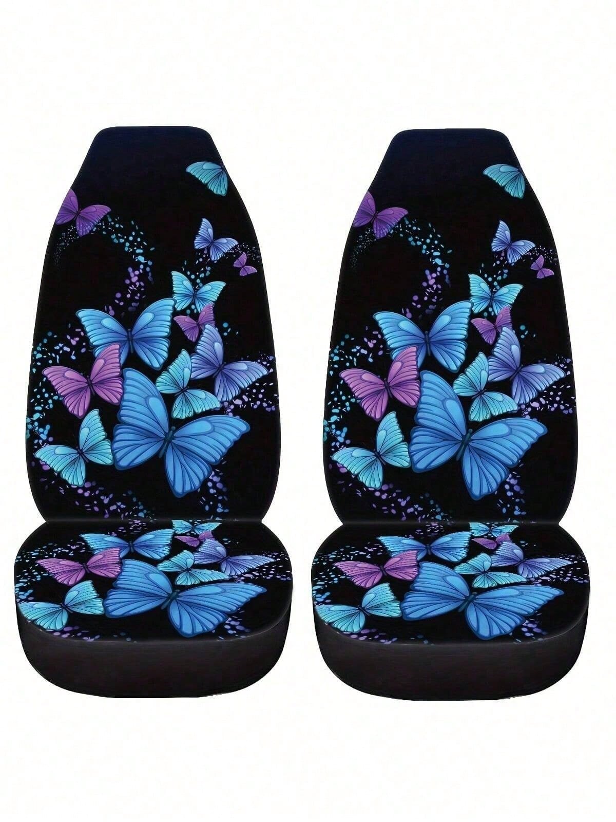 5-Piece Blue & Purple Butterfly Print Car Seat Covers, Full Set All-Season Universal Car Seat Covers, Car Interior Accessories, Women & Men Car Seat Covers, Essential Car Accessories, Dust-Proof & Sta