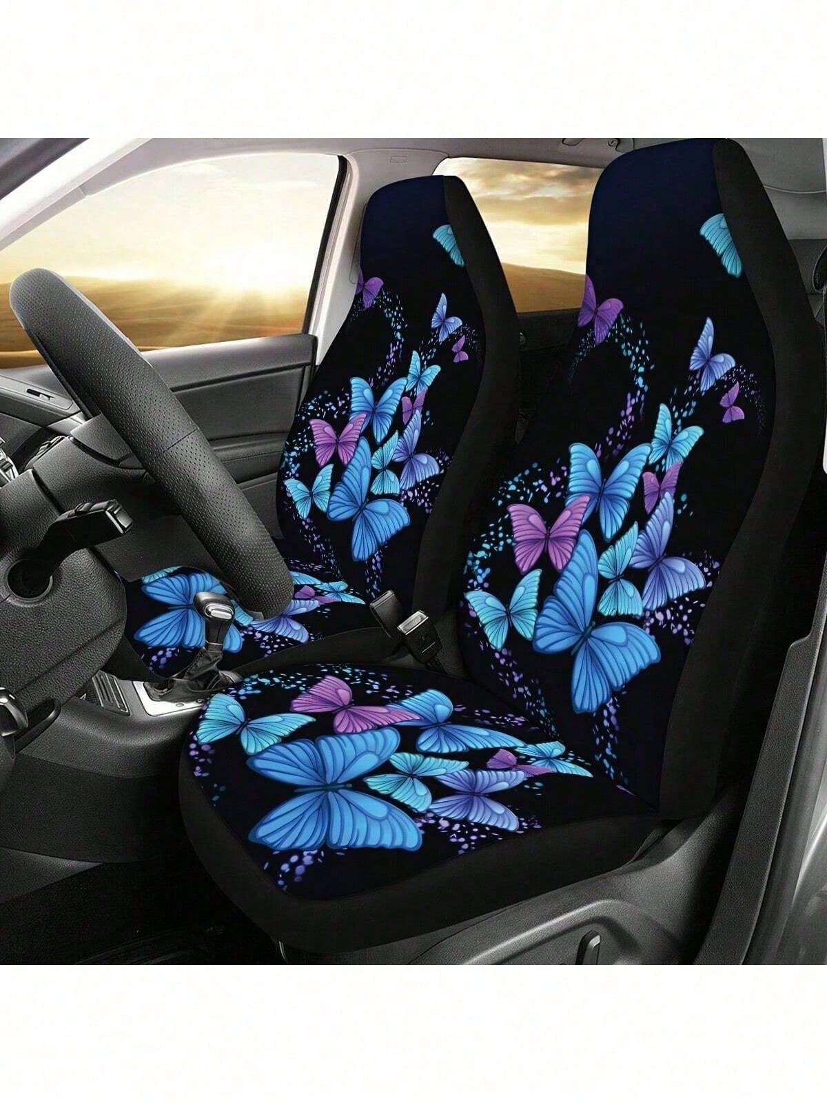 5-Piece Blue & Purple Butterfly Print Car Seat Covers, Full Set All-Season Universal Car Seat Covers, Car Interior Accessories, Women & Men Car Seat Covers, Essential Car Accessories, Dust-Proof & Sta