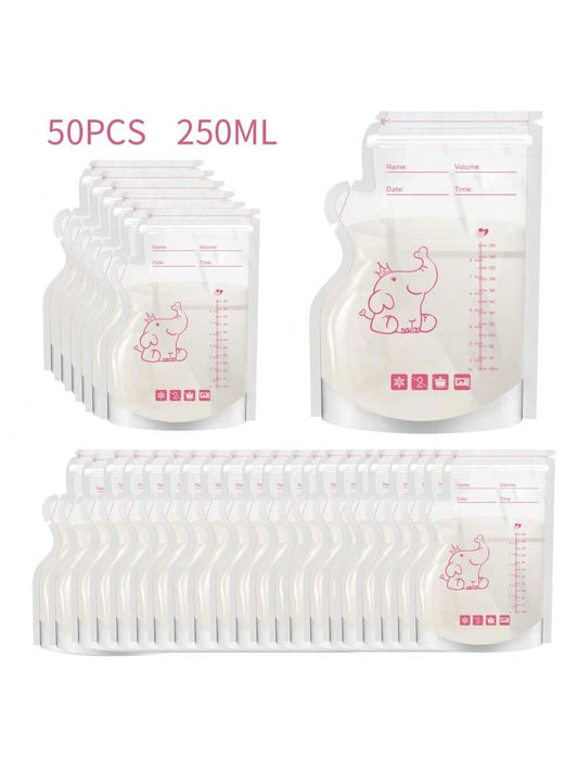 50pcs 8oz Cute Elephant Design Disposable Breast Milk Storage Bags, 250ml Sealed Breastmilk Bags With Double Sealing Strips And Stand-Up Bottom
