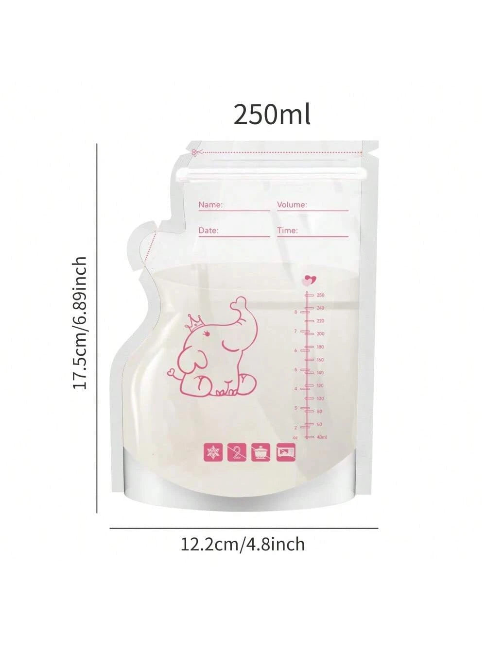 50pcs 8oz Cute Elephant Design Disposable Breast Milk Storage Bags, 250ml Sealed Breastmilk Bags With Double Sealing Strips And Stand-Up Bottom