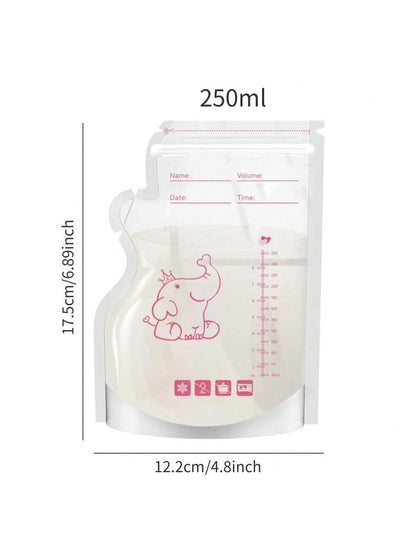 50pcs 8oz Cute Elephant Design Disposable Breast Milk Storage Bags, 250ml Sealed Breastmilk Bags With Double Sealing Strips And Stand-Up Bottom