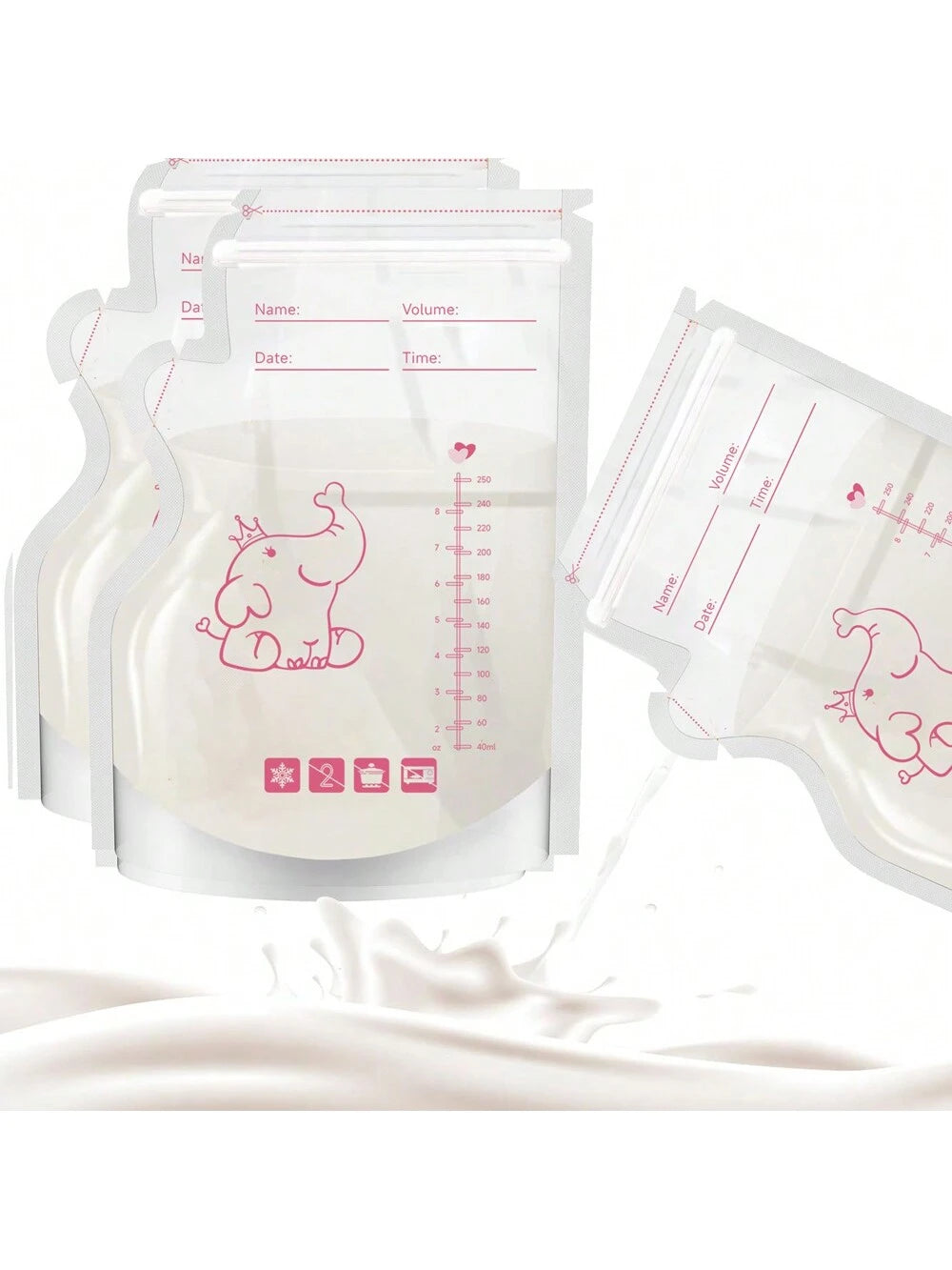 50pcs 8oz Cute Elephant Design Disposable Breast Milk Storage Bags, 250ml Sealed Breastmilk Bags With Double Sealing Strips And Stand-Up Bottom