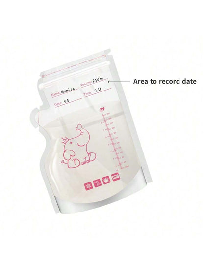 50pcs 8oz Cute Elephant Design Disposable Breast Milk Storage Bags, 250ml Sealed Breastmilk Bags With Double Sealing Strips And Stand-Up Bottom