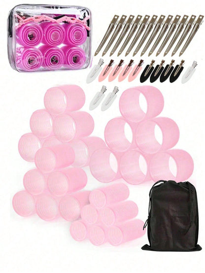 50pcs Self-Adhesive Hair Rollers And Hair Clips Set, 24pcs Random Self-Fixing Hair Rollers And 24pcs Alligator Hair Clips, 1pc Makeup Bag, Suitable For Long, Medium, Short, Thick, Fine, Thin, Bangs An