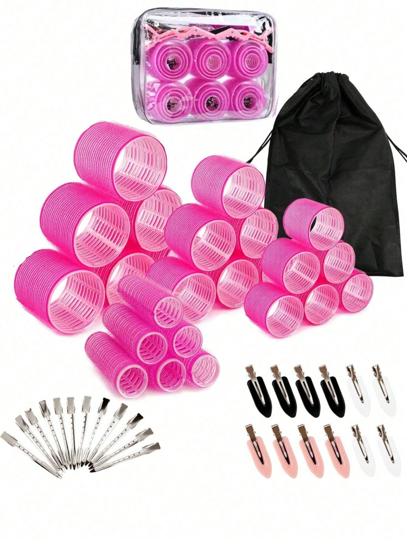 50pcs Self-Adhesive Hair Rollers And Hair Clips Set, 24pcs Random Self-Fixing Hair Rollers And 24pcs Alligator Hair Clips, 1pc Makeup Bag, Suitable For Long, Medium, Short, Thick, Fine, Thin, Bangs An