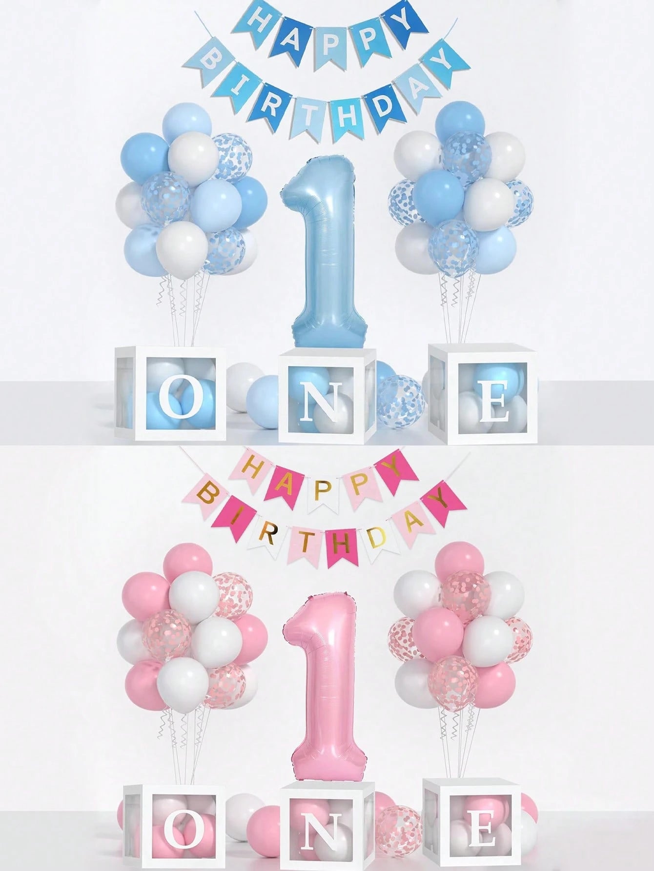 54pcs/Set First Birthday Decorations For Boy And Girl-40 Inch Blue 1 Number, Baby Blue,Pink,Green,White Balloons, Happy Birthday Balloons And One Balloon Boxes For Kids One Year Old Birthday Decoratio