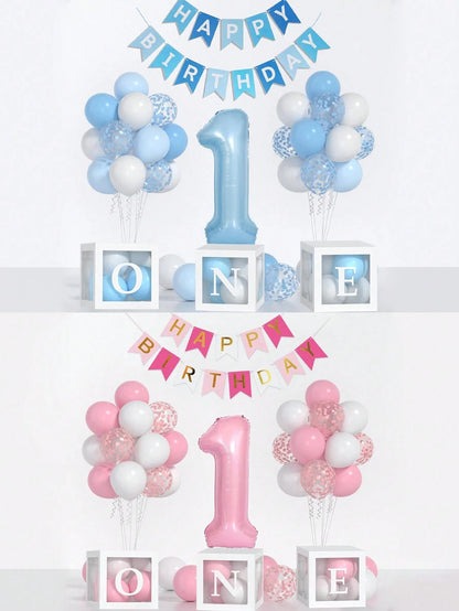 54pcs/Set First Birthday Decorations For Boy And Girl-40 Inch Blue 1 Number, Baby Blue,Pink,Green,White Balloons, Happy Birthday Balloons And One Balloon Boxes For Kids One Year Old Birthday Decoratio