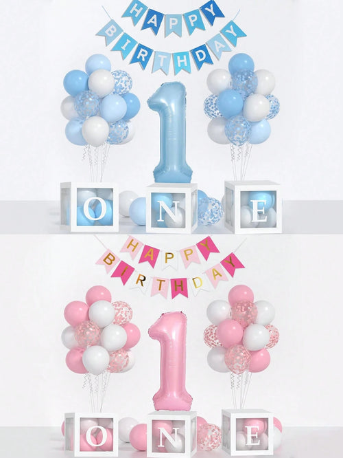 54pcs/Set First Birthday Decorations For Boy And Girl-40 Inch Blue 1 Number, Baby Blue,Pink,Green,White Balloons, Happy Birthday Balloons And One Balloon Boxes For Kids One Year Old Birthday Decoratio