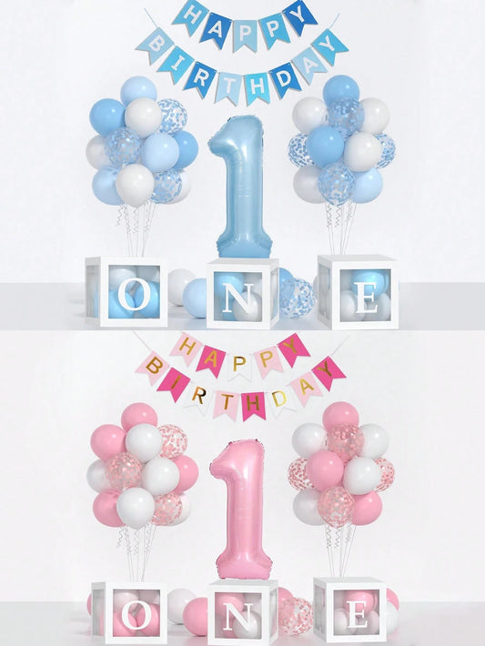 54pcs/Set First Birthday Decorations For Boy And Girl-40 Inch Blue 1 Number, Baby Blue,Pink,Green,White Balloons, Happy Birthday Balloons And One Balloon Boxes For Kids One Year Old Birthday Decoratio