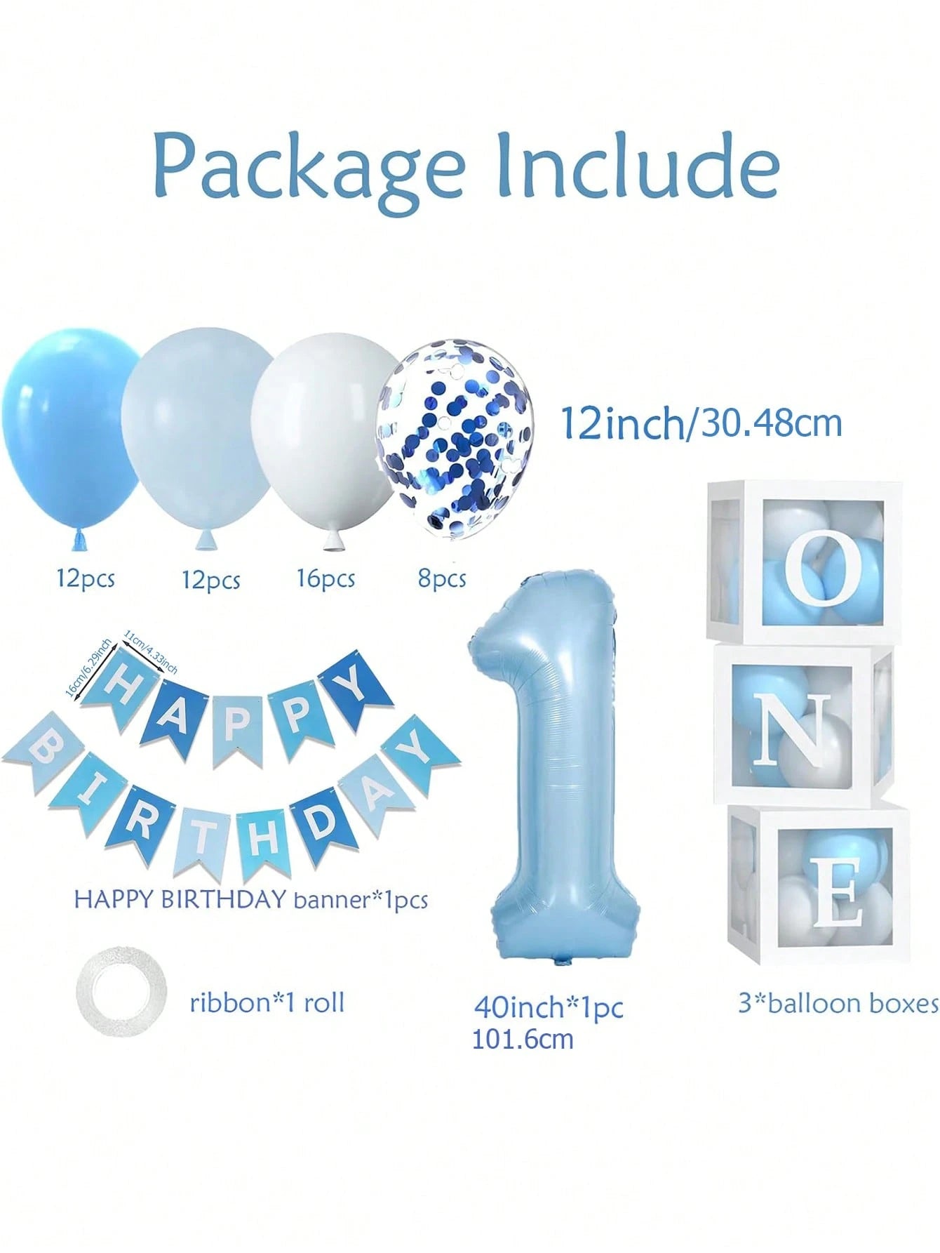 54pcs/Set First Birthday Decorations For Boy And Girl-40 Inch Blue 1 Number, Baby Blue,Pink,Green,White Balloons, Happy Birthday Balloons And One Balloon Boxes For Kids One Year Old Birthday Decoratio