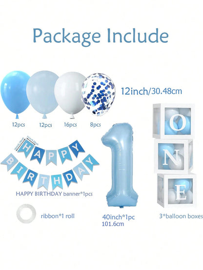 54pcs/Set First Birthday Decorations For Boy And Girl-40 Inch Blue 1 Number, Baby Blue,Pink,Green,White Balloons, Happy Birthday Balloons And One Balloon Boxes For Kids One Year Old Birthday Decoratio