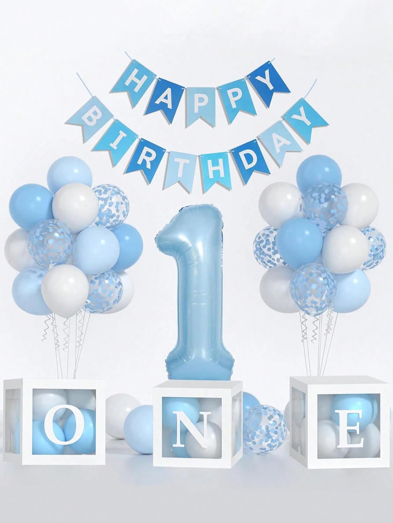 54pcs/Set First Birthday Decorations For Boy And Girl-40 Inch Blue 1 Number, Baby Blue,Pink,Green,White Balloons, Happy Birthday Balloons And One Balloon Boxes For Kids One Year Old Birthday Decoratio
